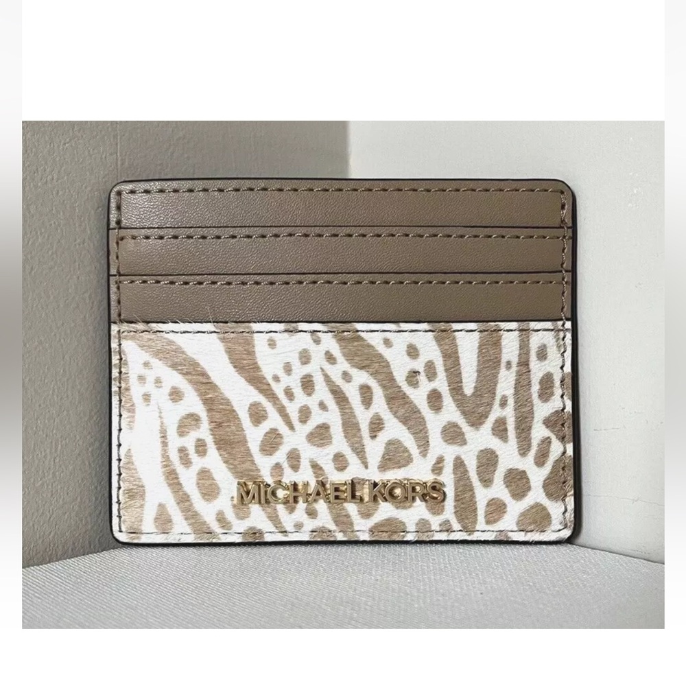 Michael Kors NWT Jet Set Travel Card Holder Haircalf/Leather Exotic Print Camel